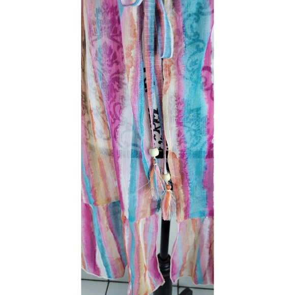 Lucky Brand Sheer Cover Up Womens Ruffle Dress Multicolor Striped Sz Large - Picture 2 of 4